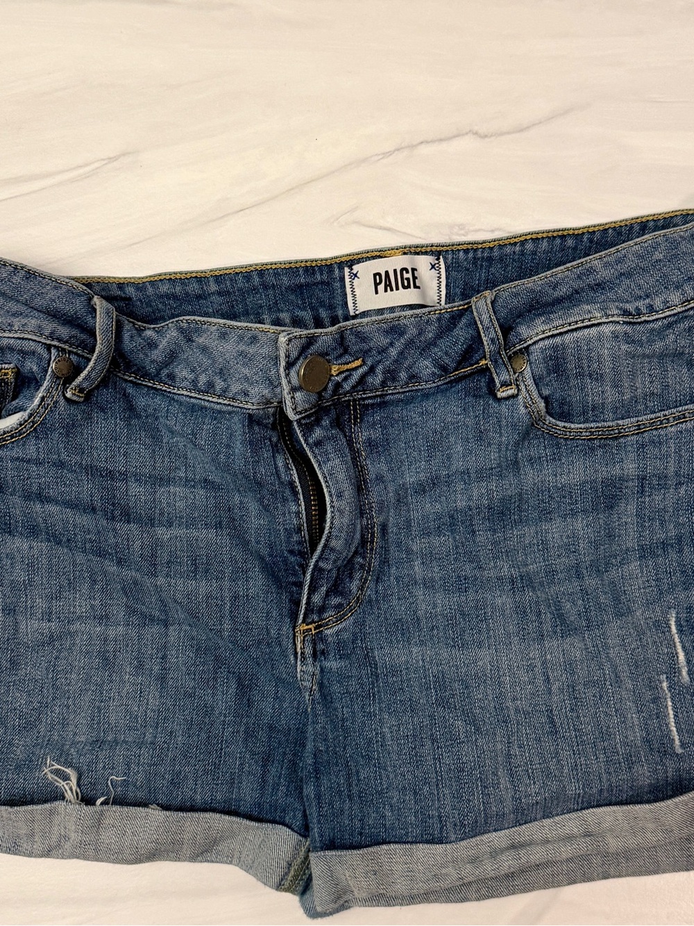 PAIGE Medium Blue Distressed Denim Roll-Cuff Shorts